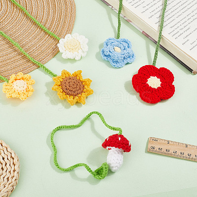 6Pcs 6 Styles Flower & Mushroom & Leaf Handmade Woven Woolen Yarn Bookmarks HJEW-HY0001-19-1
