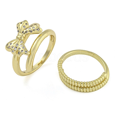 Bowknot Brass Micro Pave Clear Cubic Zirconia Open Cuff Double Rings RJEW-Z046-04G-02-1