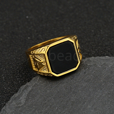 304 Stainless Steel with Natural Black Agate Finger Rings FS-WG06E27-06-1