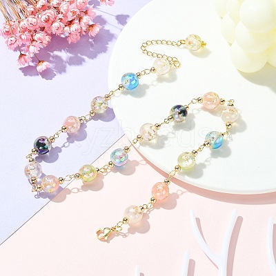 Resin with Gold Foil Round Beaded Chain Necklaces NJEW-JN04361-01-1