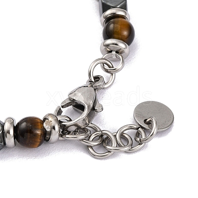 Natural Tiger Eye & Synthetic Hematite Round Beaded Bracelet BJEW-P339-02P-03-1