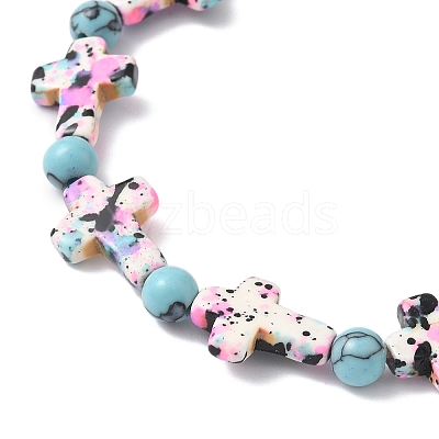 Baking Paint Synthetic Turquoise Cross & Round Beads Stretch Bracelets for Men Women BJEW-JB12341-03-1