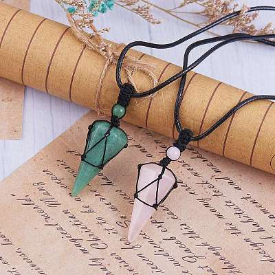 Natural Rose Quartz Cone Braided Pendant Necklace NJEW-SZ0001-59E-1