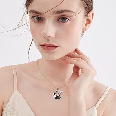 Alloy Jet Rhinestone Enamel Black Moon with Cat Shape Pendant Necklaces for Women WG3CB78-01-1