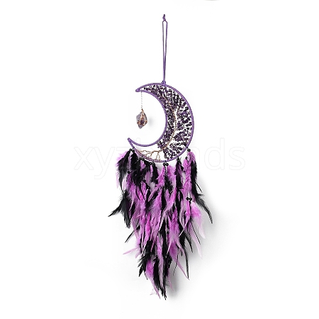 Natural Amethyst Chips Beaded Moon with Feather Pendant Decorations HJEW-M004-05-1