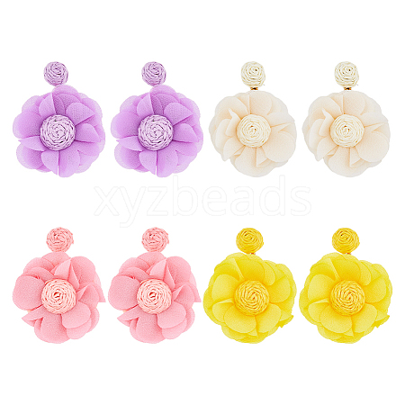 FIBLOOM 4 Pairs 4 Colors Bohemian Style Raffia Flower Dangle Stud Earrings with Iron Pins EJEW-FI0002-26-1