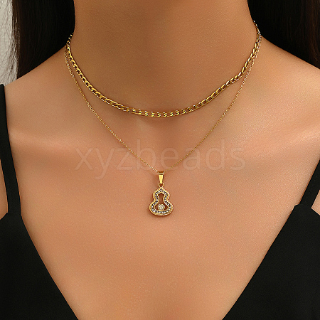 Elegant Stainless Steel Crystal Rhinestone Gourd Pendant Double Layer Necklaces NY7923-1