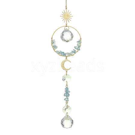 Glass Beads &  Natural Aquamarine Chip Beads & Brass Hanging Suncatchers HJEW-JM04994-03-1