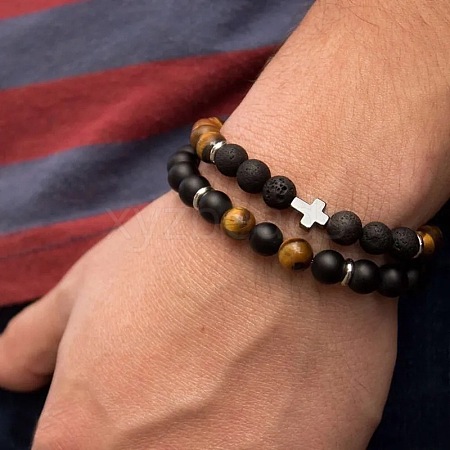 2Pcs 2 Style 8mm Round Natural Lava Rock & Frosted Black Agate & Tiger Eye Stretch Bracelets Set TH1702-6-1