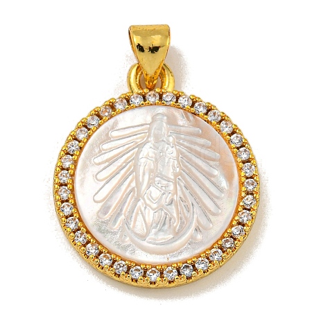 Rack Plating Brass Micro Pave Clear Cubic Zirconia Flat Round Pendants KK-U025-10G-04-1