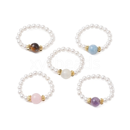 Round Natural Moonstone & Tiger Eye & Quartz & Amethyst Rose Quartz Finger Rings RJEW-JR00782-1