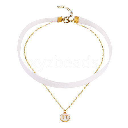 Alloy Enamel Letter Pendant Single Face White Velvet Ribbon & Brass Chain Double Layered Choker Necklaces NJEW-TAC0036-1