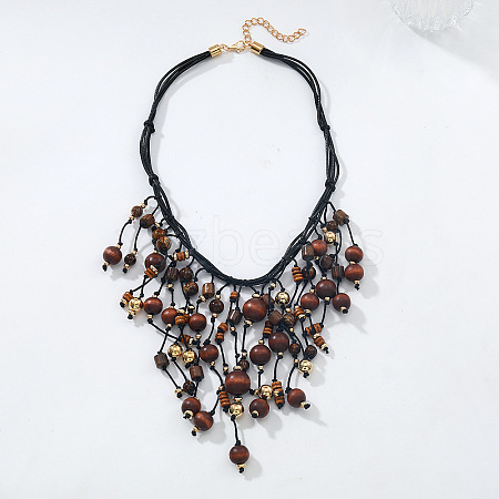 Bohemian Style Round Wood & CCB Beads Tassel Bib Necklaces WGF170D-01-1