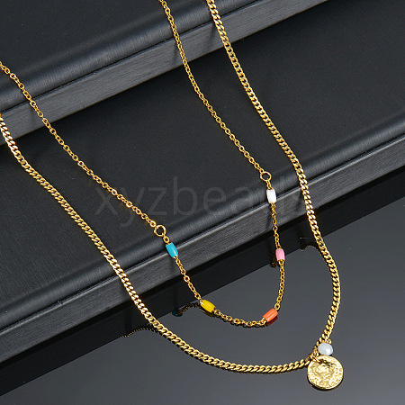 Bohemian 304 Stainless Steel & Colorul Beads Double Layered Pendant Necklaces for Women WG8806E-06-1