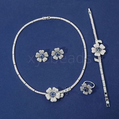 Flower Brass Micro Pave Cubic Zirconia Pendant Necklaces & Stud Earrings & Rings & Bracelets Sets WG9A1B1-05-1