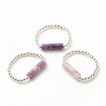 Natural Lepidolite/Purple Mica Stone Column Beaded Finger Ring with Synthetic Hematite RJEW-JR00461-04-1