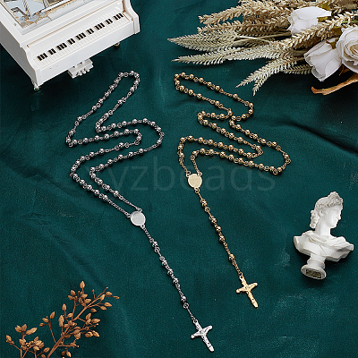 2Pcs 2 Colors 201 Stainless Steel Rosary Bead Necklaces NJEW-GO0001-08-1