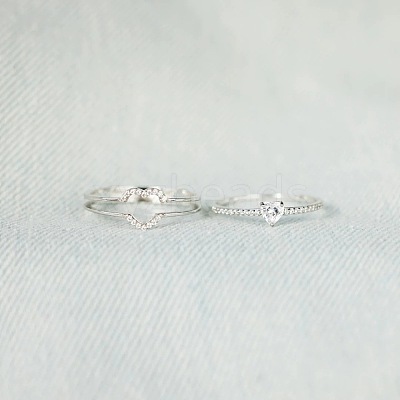 2Pcs Heart 925 Sterling Silver Micro Pave Clear Cubic Zirconia Finger Rings for Women FS-WG4005F-06-1