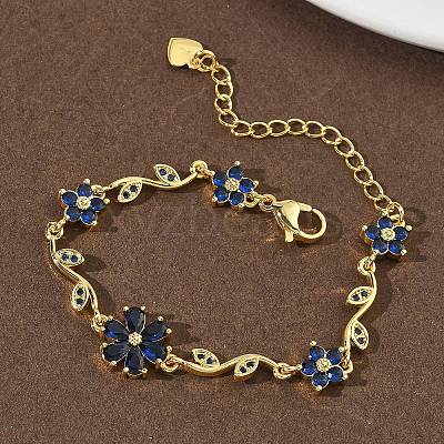 Brass Micro Pave Cubic Zirconia Flower & Leaf Link Chain Bracelets for Women BJEW-G764-03G-1