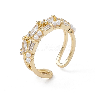 Clear Cubic Zirconia Horse Eye Open Cuff Ring with Plastic Pearl Beaded RJEW-G276-12G-1
