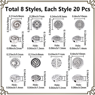 160Pcs 8 Styles Tibetan Style Alloy Beads FIND-PA0001-65B-1