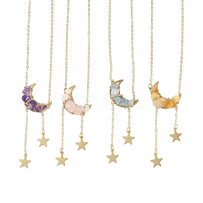 4Pcs 4 Styles Natural Aquamarine & Rose Quartz & Topaz Jade & Amethyst Chip Beads Moon Pendant Brass Cable Chain Necklaces for Women NJEW-TA00257-1