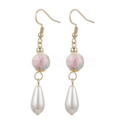 Round with Flower Pattern Porcelain Ceramic Dangle Earrings EJEW-JE06347-1