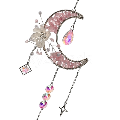 Flower Moon Metal & Natural Rose Quartz Chips Hanging Suncatcher GG-CBAB970-03A-1