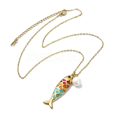 Natural Edison Pearl 304 Stainless Steel Enamel Colorful Fish Pendant Cable Chain Necklaces for Women NJEW-JN06126-1