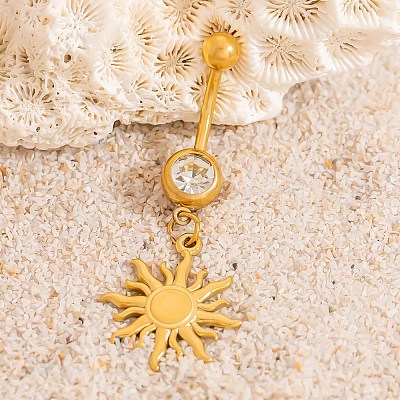 304 Stainless Steel Crystal Rhinestone Carved Barbell Dangle Belly Rings STAS-C147-18A-G-1