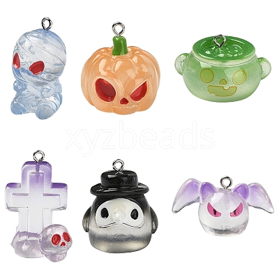 6Pcs 6 Styles Halloween Transparent Resin Pendants CRES-YW0002-61-1