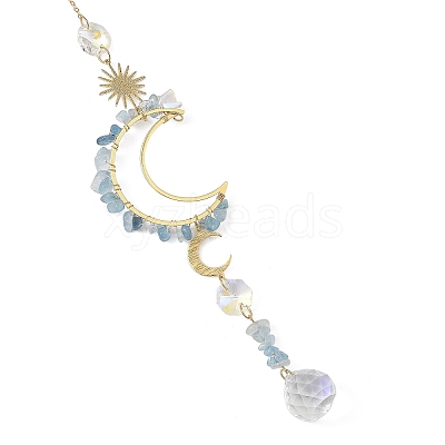 Natural Aquamarine & Star Glass Beaded Suncatcher with Brass Sun Moon Charm HJEW-JM05016-01-1