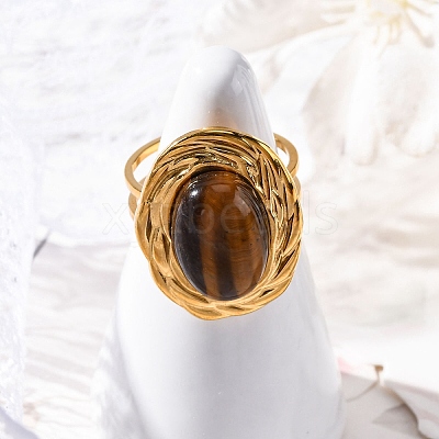 Oval Natural Tiger Eye Finger Rings RJEW-M063-01G-11-1