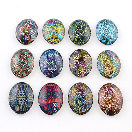 Mixed Pattern Glass Oval Flatback Cabochons for DIY Projects GGLA-R022-40x30-100-1