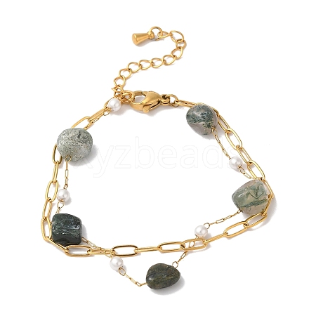 Nuggets Natural Moss Agate & Imitation Pearl Multi-Strand Bracelets BJEW-P326-01A-G-1