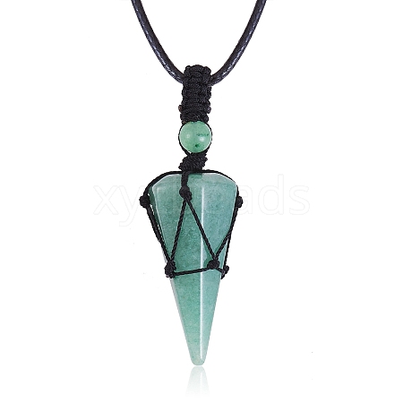 Natural Green Aventurine Cone Braided Pendant Necklace NJEW-SZ0001-59F-1