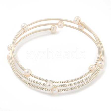 Three-Loops Brass & Natural Freshwater Pearl Beaded Wrap Bracelets for Women BJEW-F470-01S-1