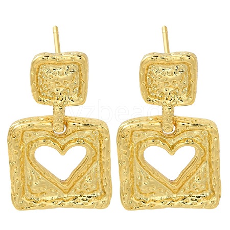 Rack Plating Square with Hollow Heart Brass Stud Earrings EJEW-I310-07G-1