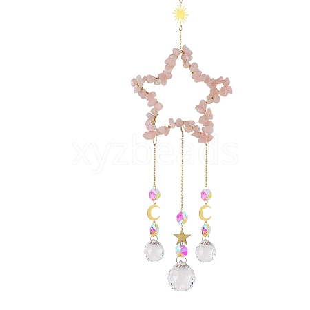 Natural Rose Quartz Chip Wrapped Metal Star Hanging Ornaments PW-WG25242-03-1