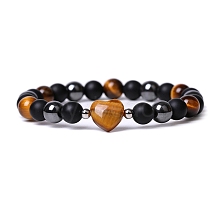 Natural Tiger Eye Heart Beaded Stretch Bracelet PW-WG70241-03