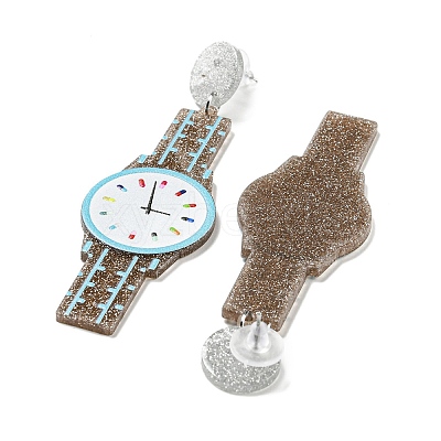 Sparkling Acrylic Watch Dangle Stud Earrings with 304 Stainless Steel Pins EJEW-C063-01F-1