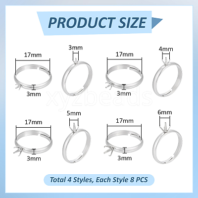 32Pcs 4 Styles 304 Stainless Steel Cuff Ring Components STAS-UN0064-46-1