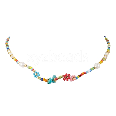 Flower Glass Seed & Pearl Beaded Necklaces NJEW-JN04677-01-1