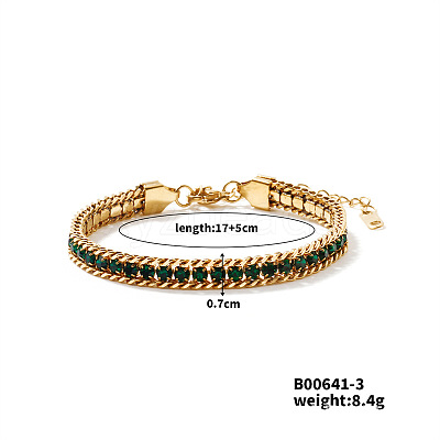 Sparkling European Style 304 Stainless Steel Emerald Rhinestone Chain Bracelets for Women CU3590-3-1