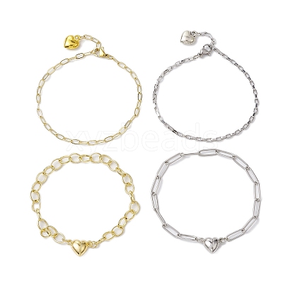 4Pcs 4 Style Brass and 304 Stainless Steel Paperclip  Chain Bracelets Sets BJEW-JB11050-1