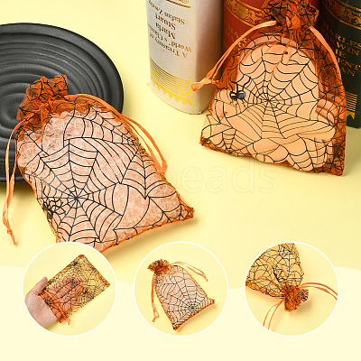 Halloween Theme Spider Printed Organza Drawstring Bags ABAG-WH20021-006C-1