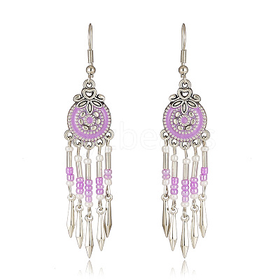 Bohemian Style Alloy Enamel Flat Round Tassel Chandelier Earrings FS-WG14215-09-1