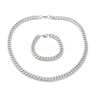 304 Stainless Steel Cuban Link Chain Bracelets & Necklaces Jewelry Sets SJEW-B019-03C-P-1