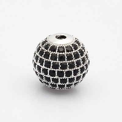 CZ Brass Micro Pave Grade AAA Black Color Cubic Zirconia Round Beads KK-O065-8mm-01-NR-1