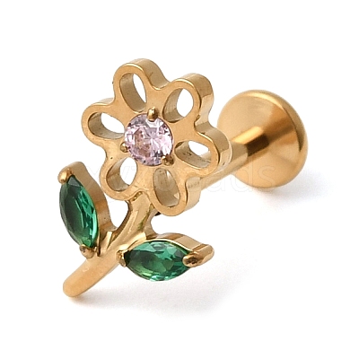 F136 Titanium Pave Pink and Green Cubic Zirconia Flower Internally Threaded Labrets ME-CBA9828-04G-1